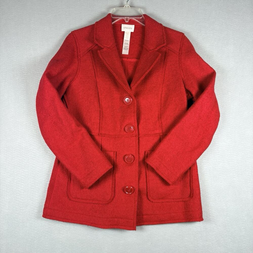 Chico's Women's Size 0 Red Boiled Wool Blazer Jacket 4 Button